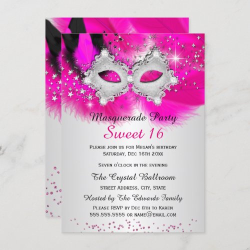 Sweet 16 Lace Mask Hot Pink Silver Masquerade Invitation