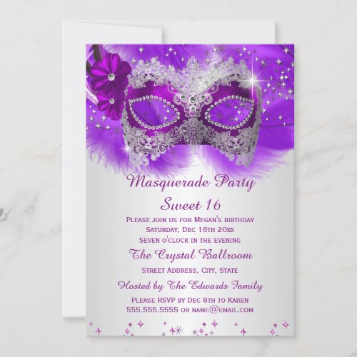 Sweet 16 Lace Mask Purple Silver Masquerade Invitation