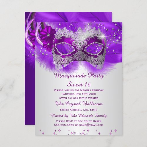 Sweet 16 Lace Mask Purple Silver Masquerade Invitation