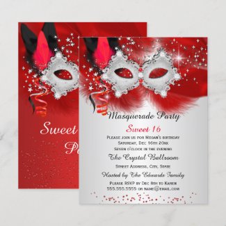 Sweet 16 Lace Mask Red Silver Masquerade Invitation