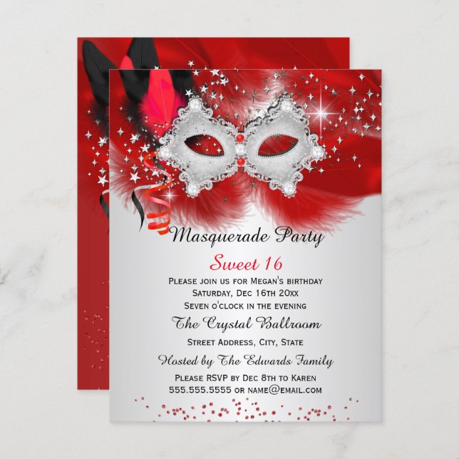 Sweet 16 Lace Mask Red Silver Masquerade Invitation (Front/Back)