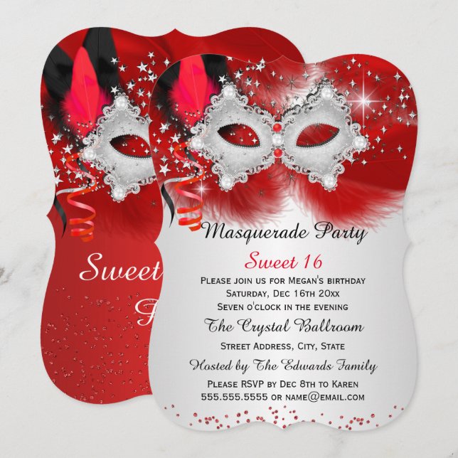 Sweet 16 Lace Mask Red Silver Masquerade Invitation (Front/Back)