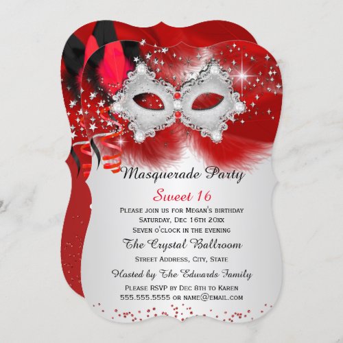 Sweet 16 Lace Mask Red Silver Masquerade Invitation