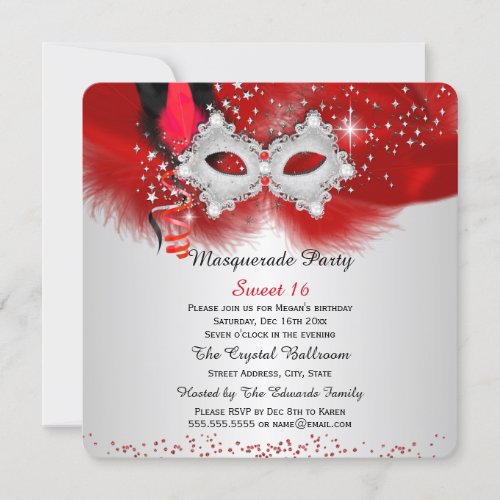 Sweet 16 Lace Mask Red Silver Masquerade Invitation