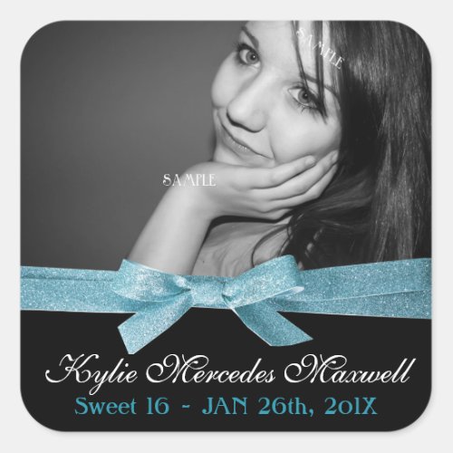 Sweet 16 Large Photo with Cute Blue Glitter Ribbon Square Sticker