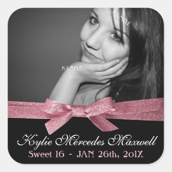 Sweet 16 Large Photo With Cute Pink Glitter Ribbon Square Sticker by PartyHearty at Zazzle