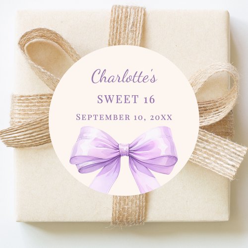 Sweet 16 lavender bow ivory classic round sticker