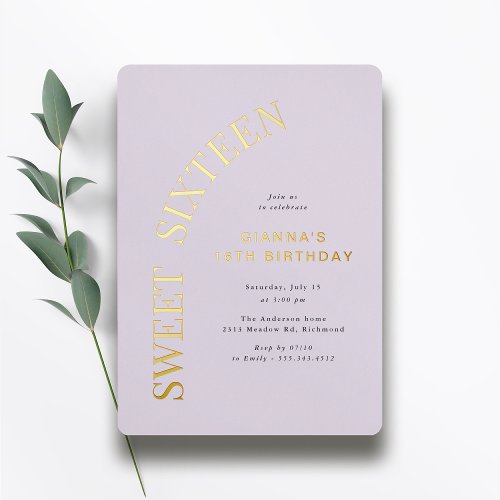 Sweet 16  Lavender Purple  Gold Girls Birthday Foil Invitation