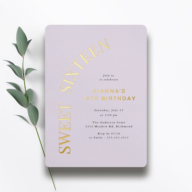 Sweet 16 | Lavender Purple & Gold Girl's Birthday Foil Invitation (Creator Uploaded)