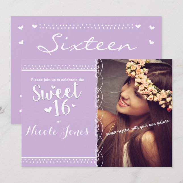 SWEET 16 Lavender Purple Party Photo Invitation (Front/Back)