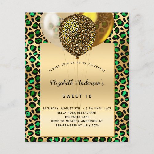 Sweet 16 leopard emerald gold budget invitation