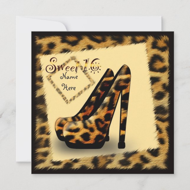 'Sweet 16' leopard fur print shoes, framed invite (Front)