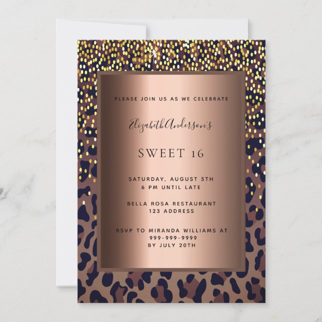 Sweet 16 leopard print bronze invitation (Front)