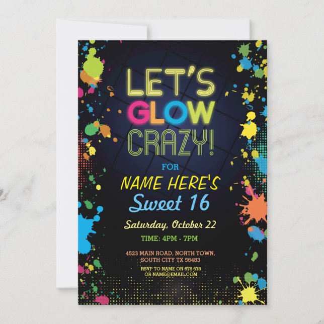 Sweet 16 Let's Glow Crazy Birthday Neon Invite (Front)