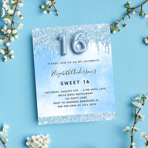 Sweet 16 light blue glitter budget Invitation Flyer