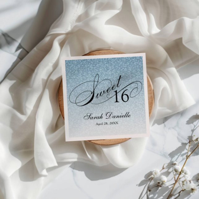 Sweet 16 Light Blue Glitter Glam Personalized Napkins (Creator Uploaded)