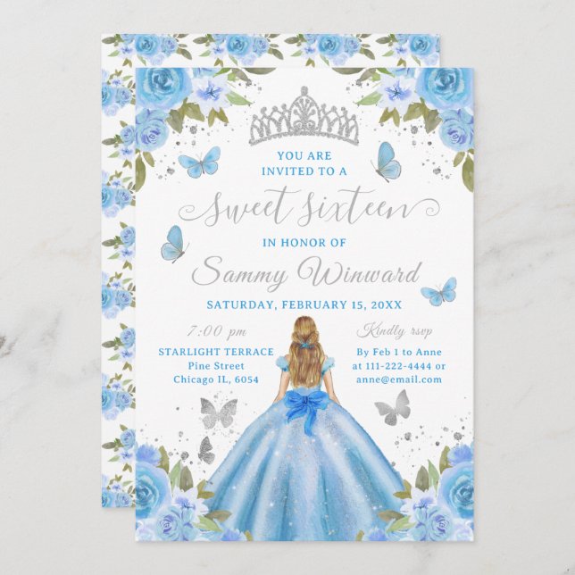 Sweet 16 Light Blue Princess Blonde Girl Invitation (Front/Back)