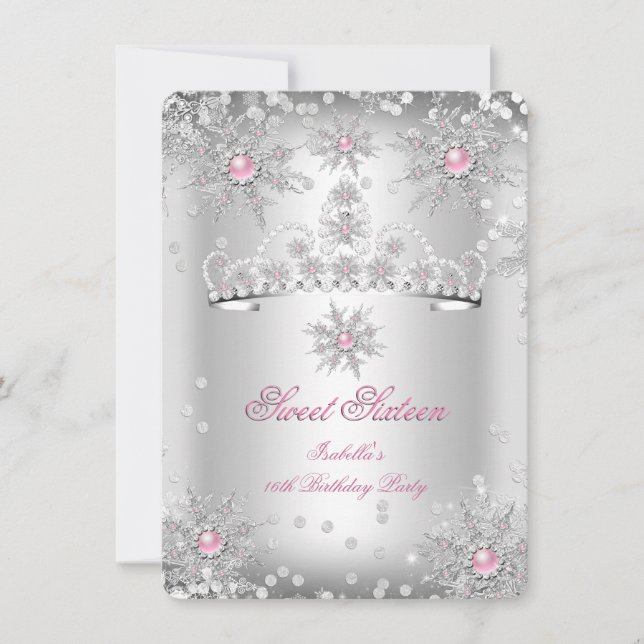 Sweet 16 Light Pink Silver Winter Wonderland Invitation (Front)