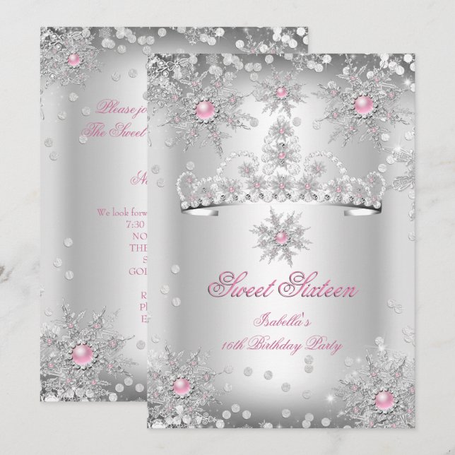 Sweet 16 Light Pink Silver Winter Wonderland Invitation (Front/Back)