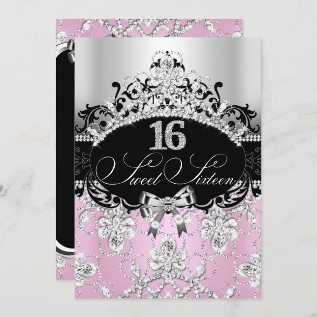 Sweet 16 Light Pink Sparkle Tiara Birthday Invite (Front/Back)