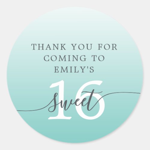 Sweet 16 Light Teal Ombre Thank You Custom Name  Classic Round Sticker