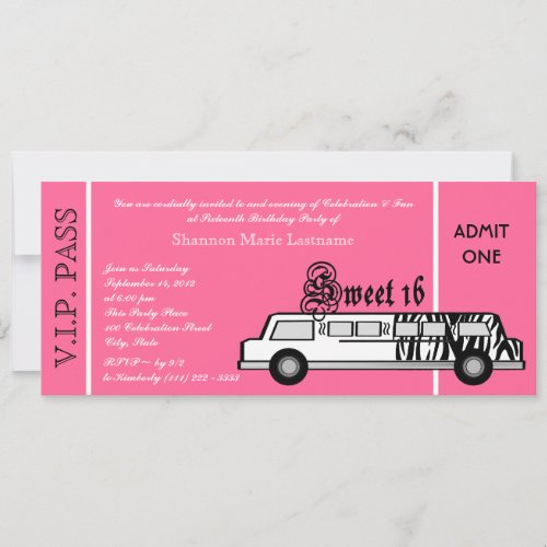 Sweet 16 Limo Party Pass Invitation