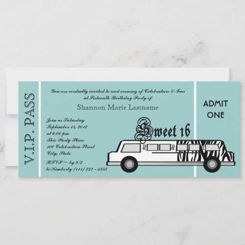 Sweet 16 Limo Party Pass Invitation