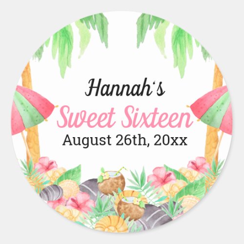 Sweet 16 Luau Party Hawaiian Watercolor Custom Classic Round Sticker