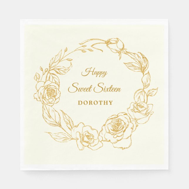 Sweet 16 Luxe Gold Rose Ivory Cocktail Napkins (Front)