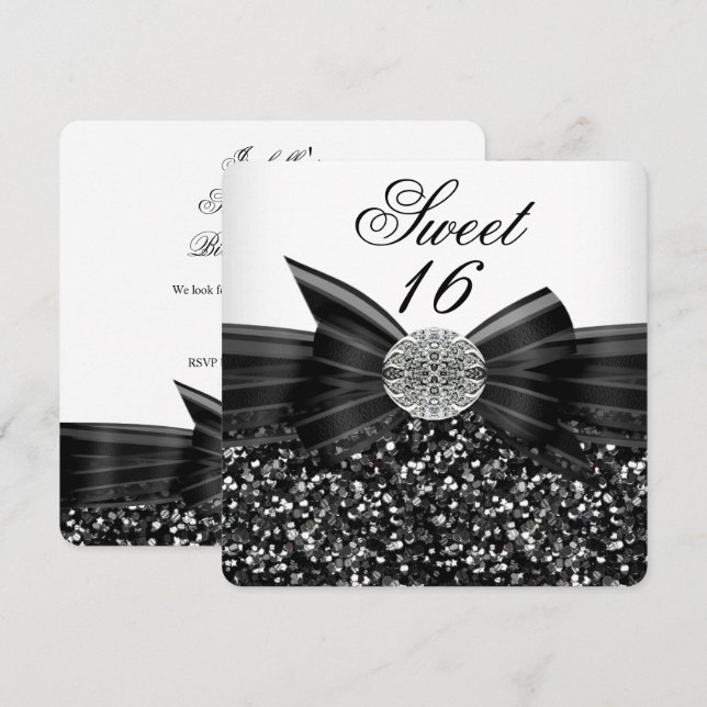 Sweet 16 Luxury Glitter Bow Silver Black White Invitation (Front/Back)