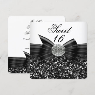 Sweet 16 Luxury Glitter Bow Silver Black White Invitation