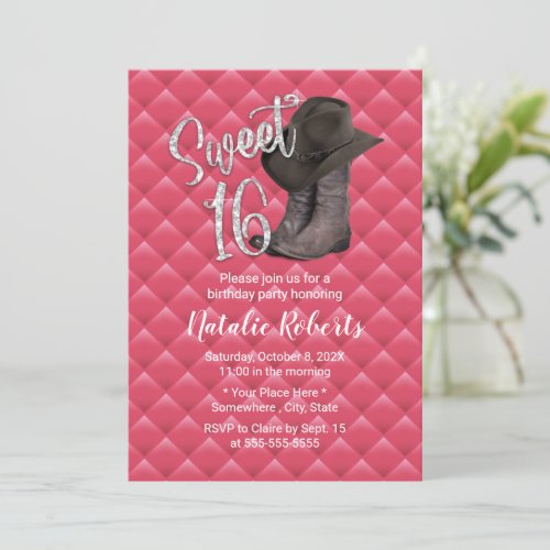 Sweet 16 Luxury Pink Quilted Cowgirl Birthday Invitation