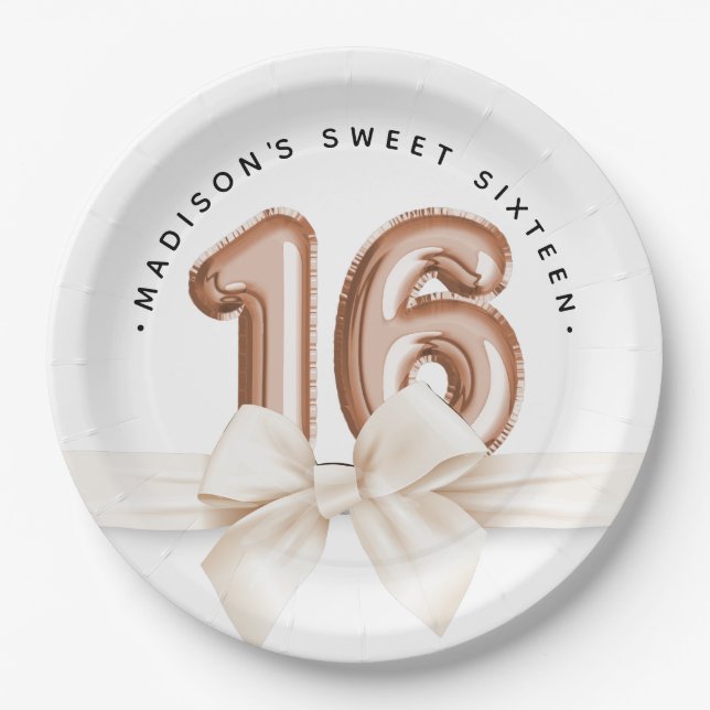 Sweet 16 Luxury Rose gold Balloons Birthday Paper Plates (Front)