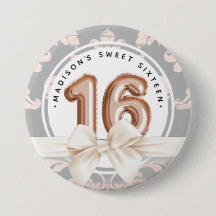 Sweet 16 Luxury Rose gold Balloons Damask Button
