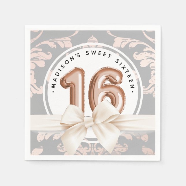 Sweet 16 Luxury Rose gold Balloons Damask Napkins (Front)