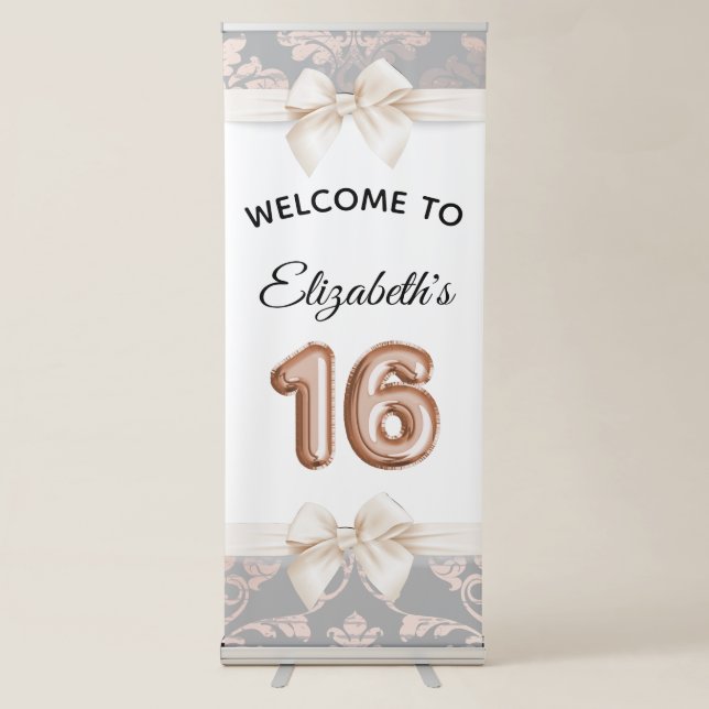 Sweet 16 Luxury Rose gold Balloons Welcome Retractable Banner (Front)