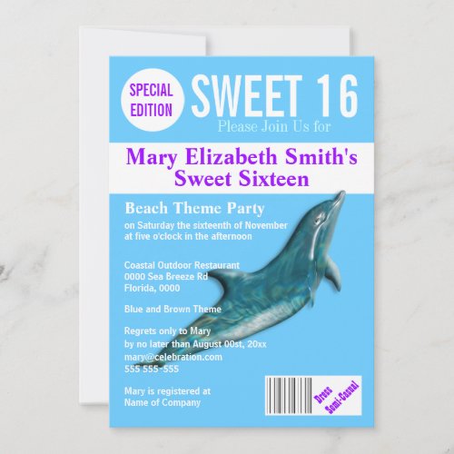 Sweet 16 magazine purple aqua PERSONALIZE Invitation