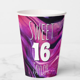 Sweet 16 Magenta Purple Marble Personalized Paper Cups