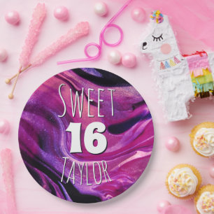 Sweet 16 Magenta Purple Marble Personalized Paper Plates