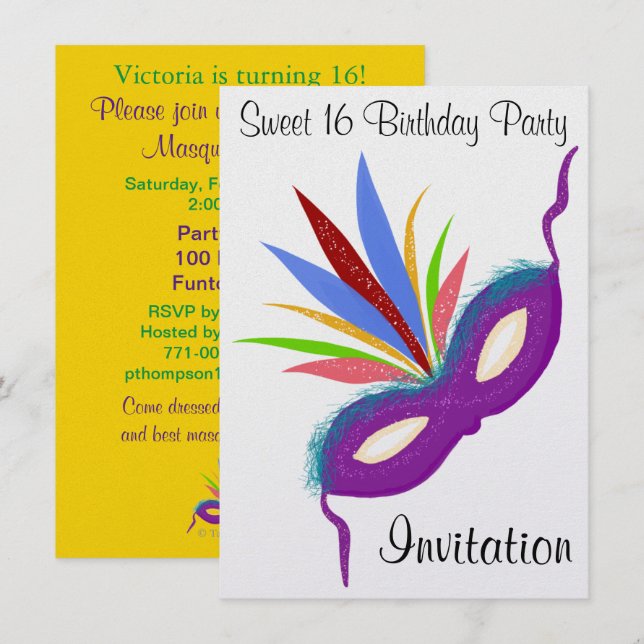 Sweet 16 Masquerade Ball Purple Party Mask Invitation (Front/Back)