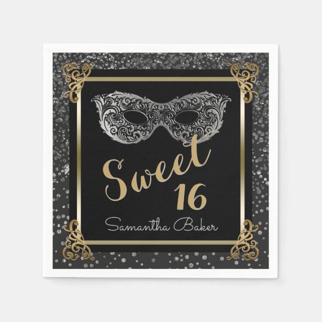 Sweet 16 Masquerade Ball Silver Gold Sweet Sixteen Paper Napkins (Front)