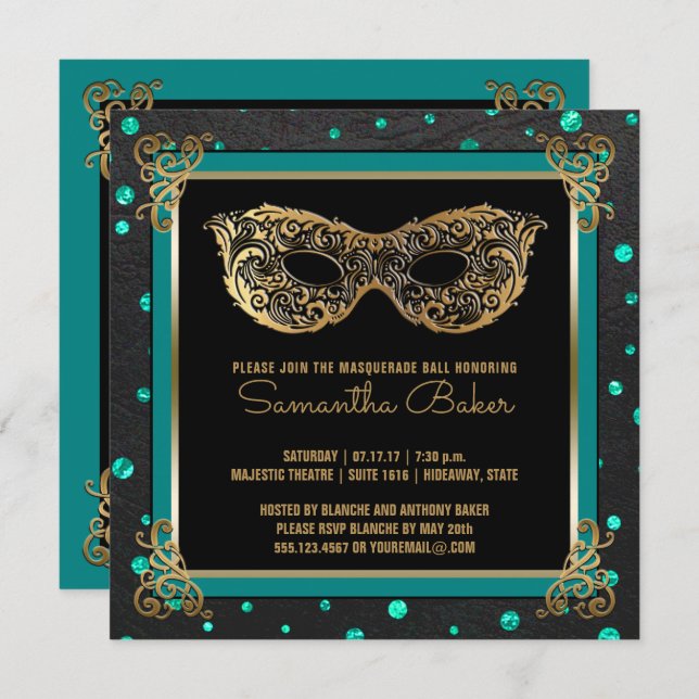 Sweet 16 Masquerade Ball Sweet Sixteen Teal Gold Invitation (Front/Back)
