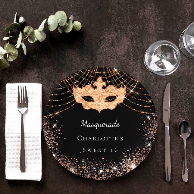 Sweet 16 Masquerade black gold glitter Paper Plates (Creator Uploaded)