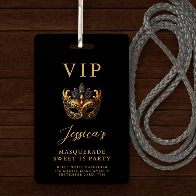 Sweet 16 Masquerade Black Gold VIP Invitation Badge (Creator Uploaded)