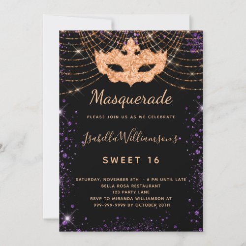 Sweet 16 masquerade black purple glitter gold invitation