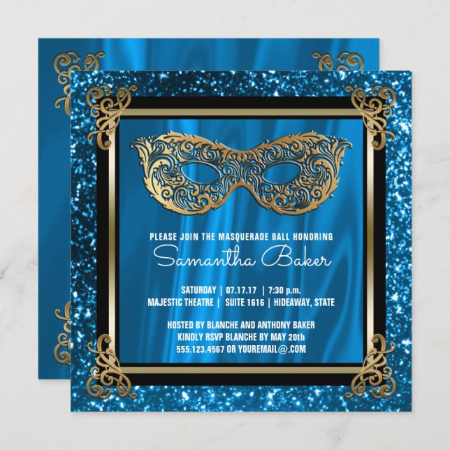 Sweet 16 Masquerade | Blue Sweet Sixteen Birthday Invitation (Front/Back)