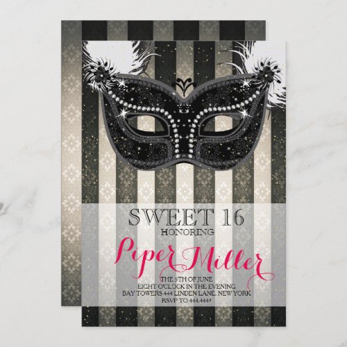 Sweet 16 Masquerade Feather Black and White Invitation