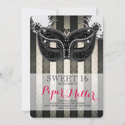 Sweet 16 Masquerade Feather Black and White Invitation