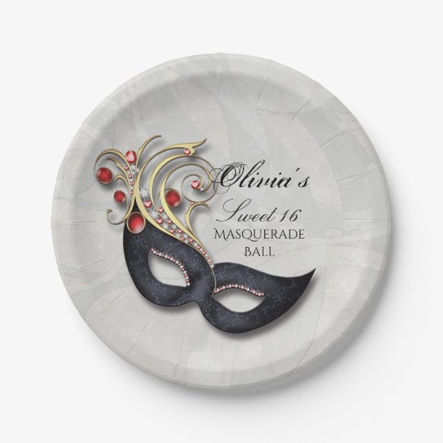 Sweet 16 Masquerade Paper Plates with Red and Gold (Front)