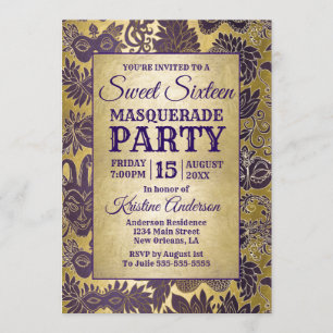 Sweet 16 Masquerade Party Purple Gold Mask Invitation